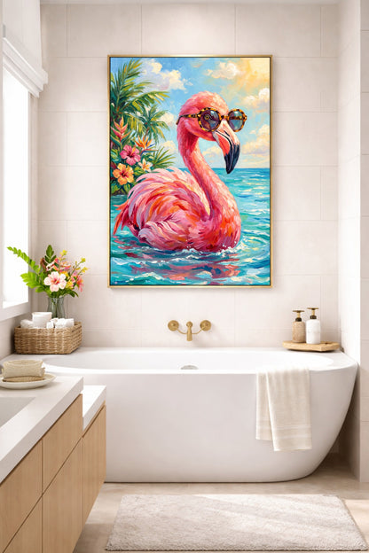 Pinkes Flamingo Poster als Wandbild im hellen Badezimmer über Badewanne mit tropischer Sommeroptik