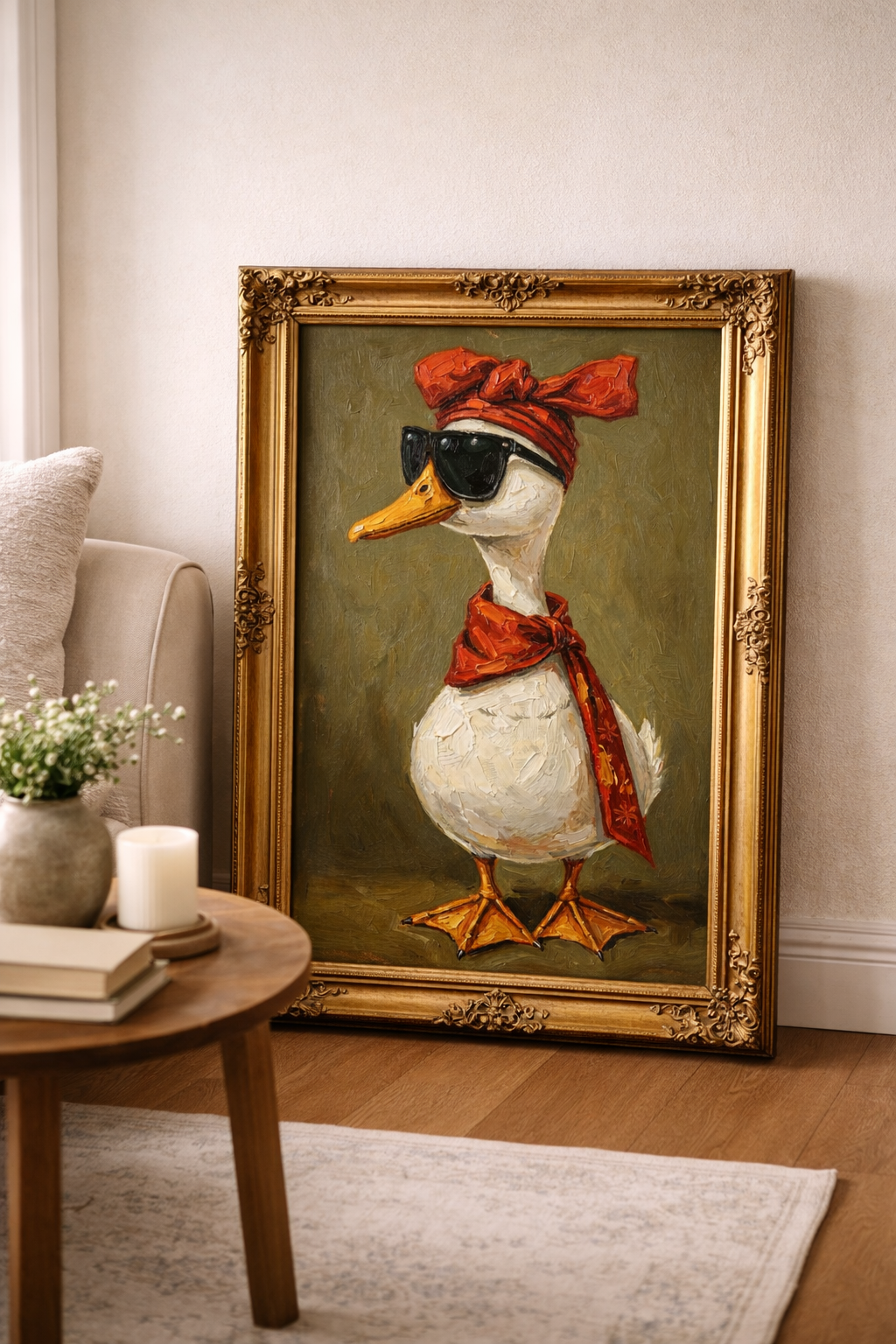 Kunstdruck mit weißer Ente, schwarzer Sonnenbrille, rotem Kopftuch und Schal in malerischer Optik auf olivgrünem Hintergrund.