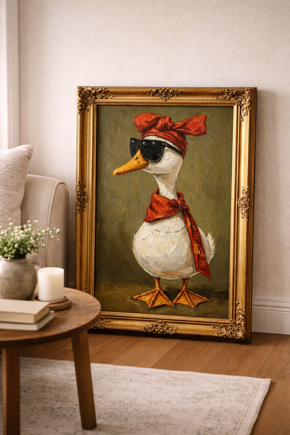 Kunstdruck mit weißer Ente, schwarzer Sonnenbrille, rotem Kopftuch und Schal in malerischer Optik auf olivgrünem Hintergrund.