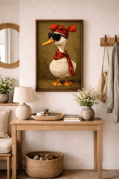 Kunstdruck mit weißer Ente, schwarzer Sonnenbrille, rotem Kopftuch und Schal in malerischer Optik auf olivgrünem Hintergrund.