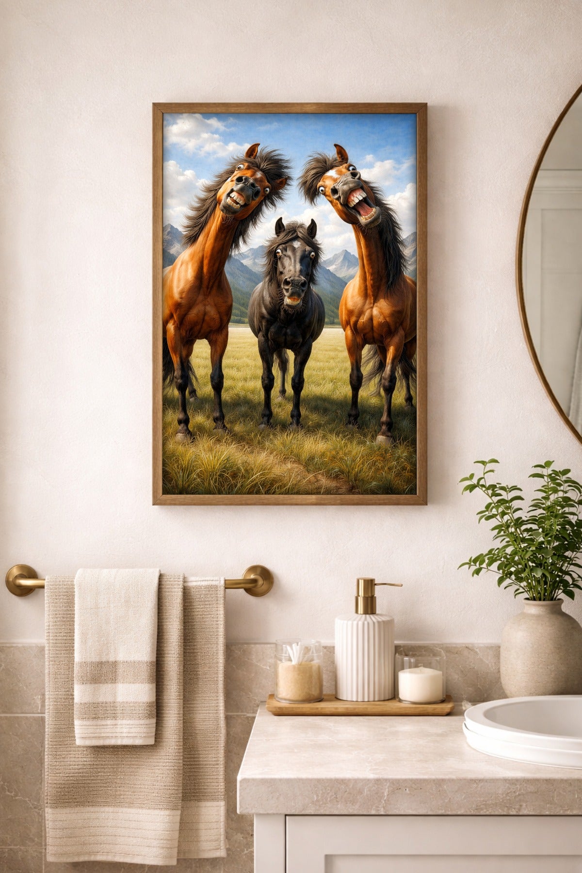Pferde Poster lustig – Drei Pferde mit Grimassen auf der Wiese