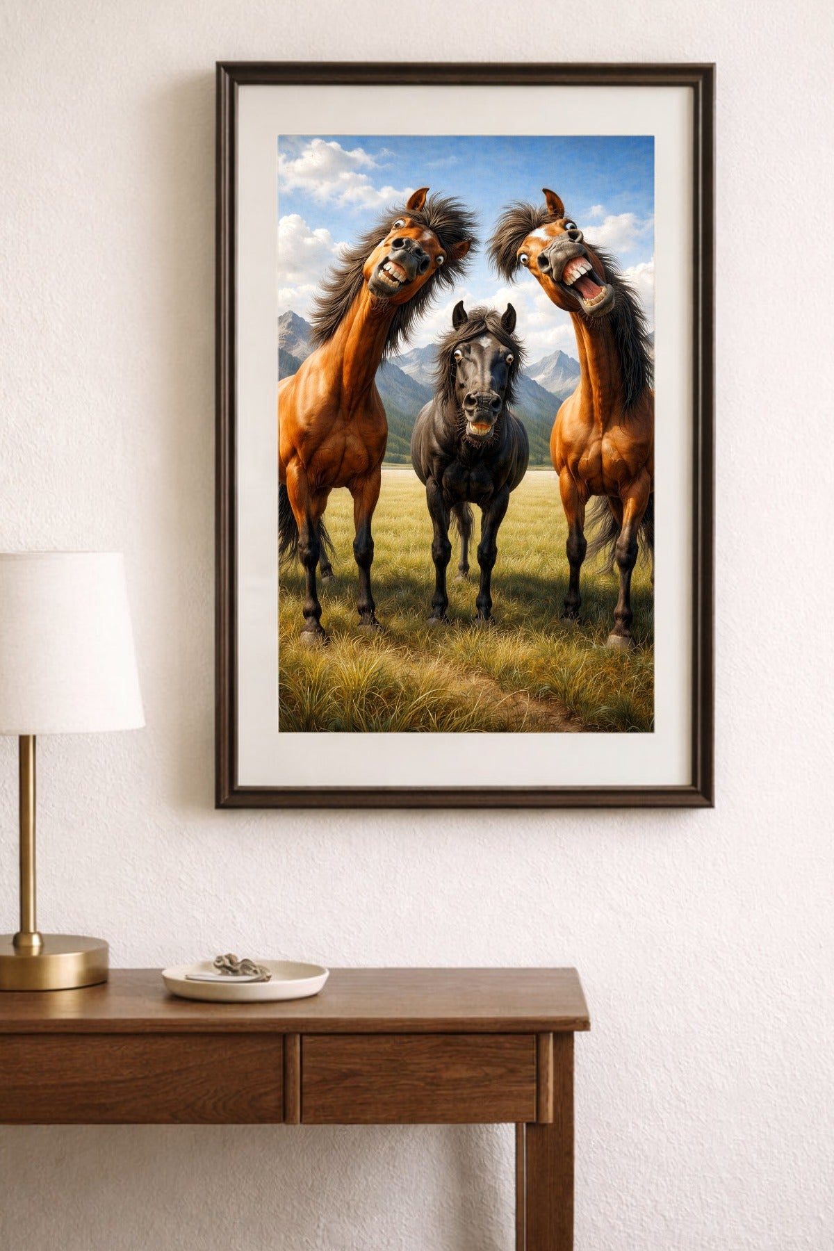 Pferde Poster lustig – Drei Pferde mit Grimassen auf der Wiese
