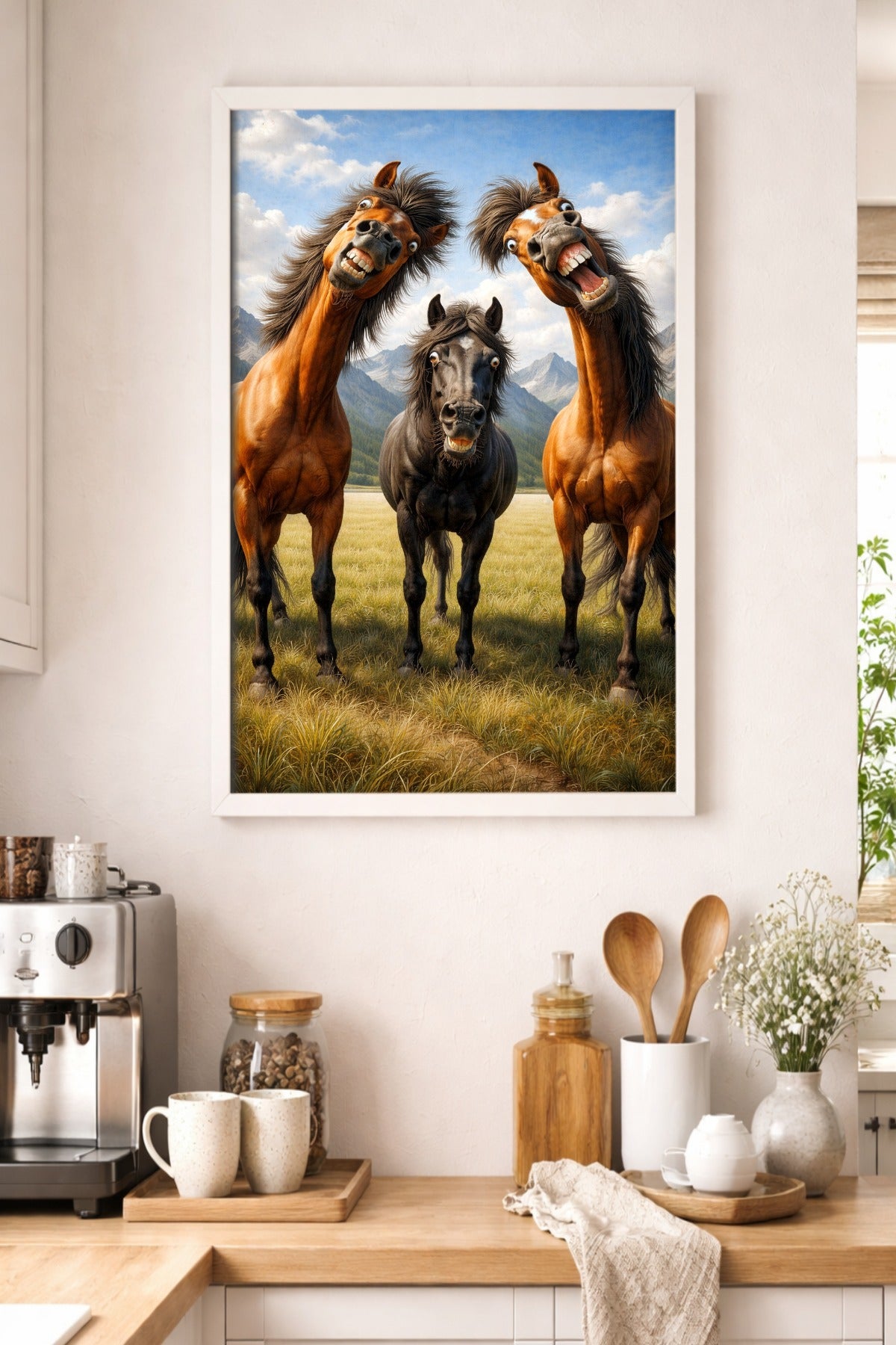 Digitales Pferde-Wandbild mit drei lustigen, expressiven Pferden vor Berglandschaft im Vintage-Stil, ideal für humorvolle Wohnraumdeko oder Geschenke.