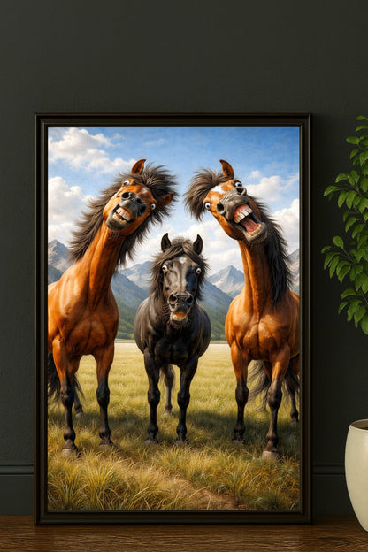 Digitales Pferde-Wandbild mit drei lustigen, expressiven Pferden vor Berglandschaft im Vintage-Stil, ideal für humorvolle Wohnraumdeko oder Geschenke.