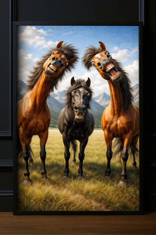 Humorvolles Pferde Poster im Hochformat mit drei Pferden auf einer Wiese, witzigen Grimassen, Berglandschaft und blauem Himmel.