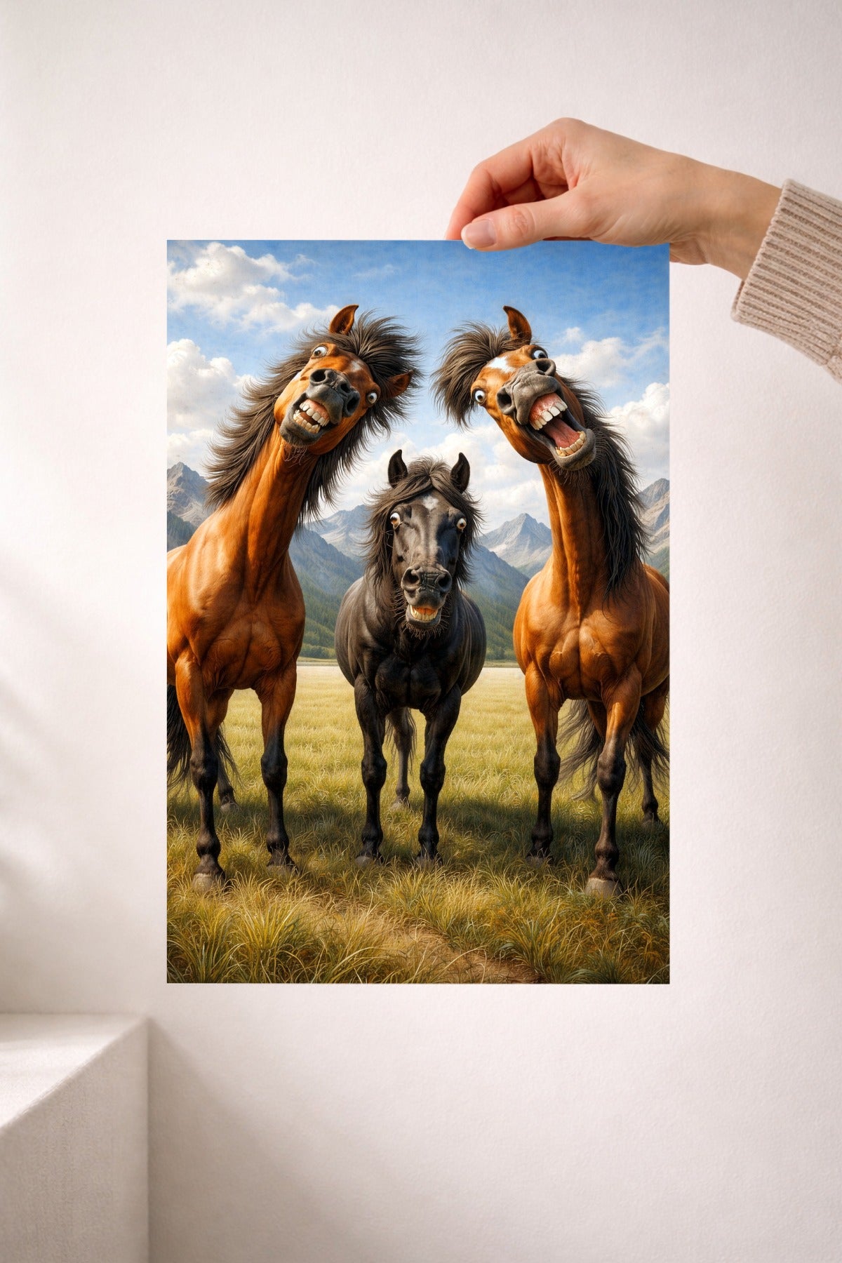 Digitales Pferde-Wandbild mit drei lustigen, expressiven Pferden vor Berglandschaft im Vintage-Stil, ideal für humorvolle Wohnraumdeko oder Geschenke.