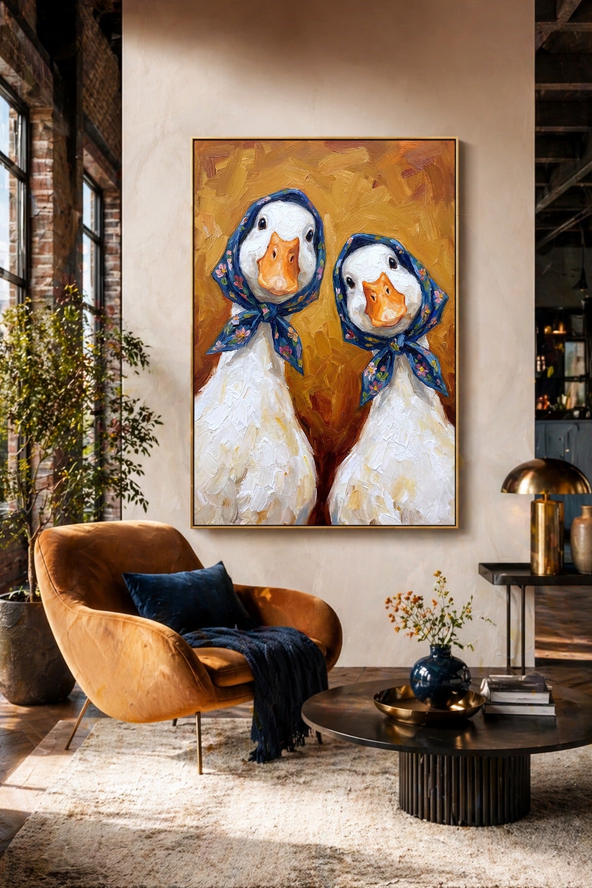 Witzige Wandkunst mit zwei weißen Gänsen, blauen Blumentüchern und malerischem ockerfarbenem Hintergrund im Ölgemälde-Stil.