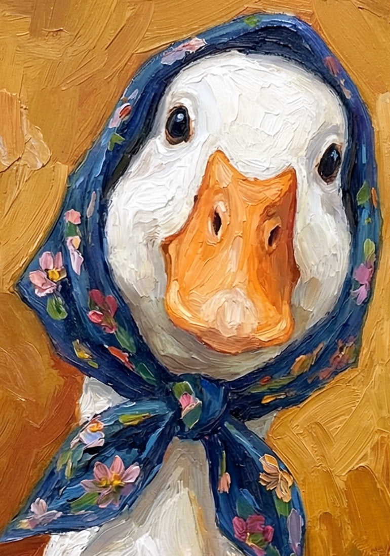 Detailsansicht. Humorvolle Wandkunst mit zwei weißen Gänsen, blauen Blumentüchern und warmem ockerfarbenem Hintergrund im Ölgemälde-Stil.