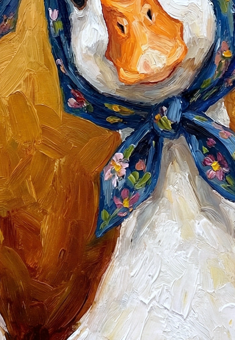 Detailsansicht. Zwei weiße Gänse mit blauen floralen Kopftüchern vor ockerfarbenem Hintergrund als humorvolles Tierbild in Ölmalerei-Optik.