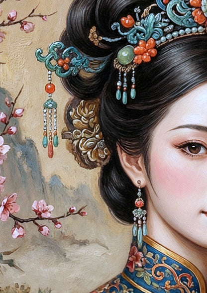 Detailsansicht. Hochwertiges Wandposter einer Geisha im blauen Kimono mit Fächer, umgeben von Kirschblüten, Bambus und einer zarten Berglandschaft – Japanisches Kunstmotiv in Blau-Tönen.
