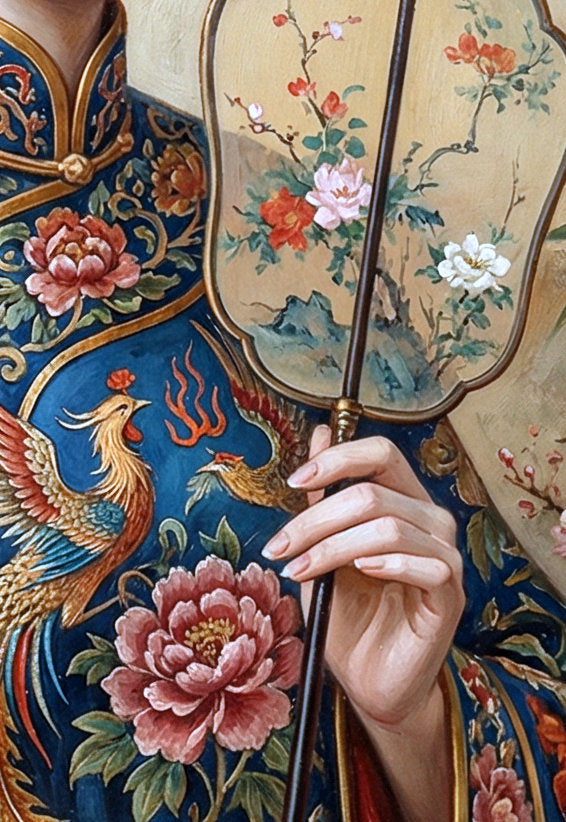 Detailansicht. Hochwertiges Wandposter einer Geisha im blauen Kimono mit Fächer, umgeben von Kirschblüten, Bambus und einer zarten Berglandschaft – Japanisches Kunstmotiv in Blau-Tönen.