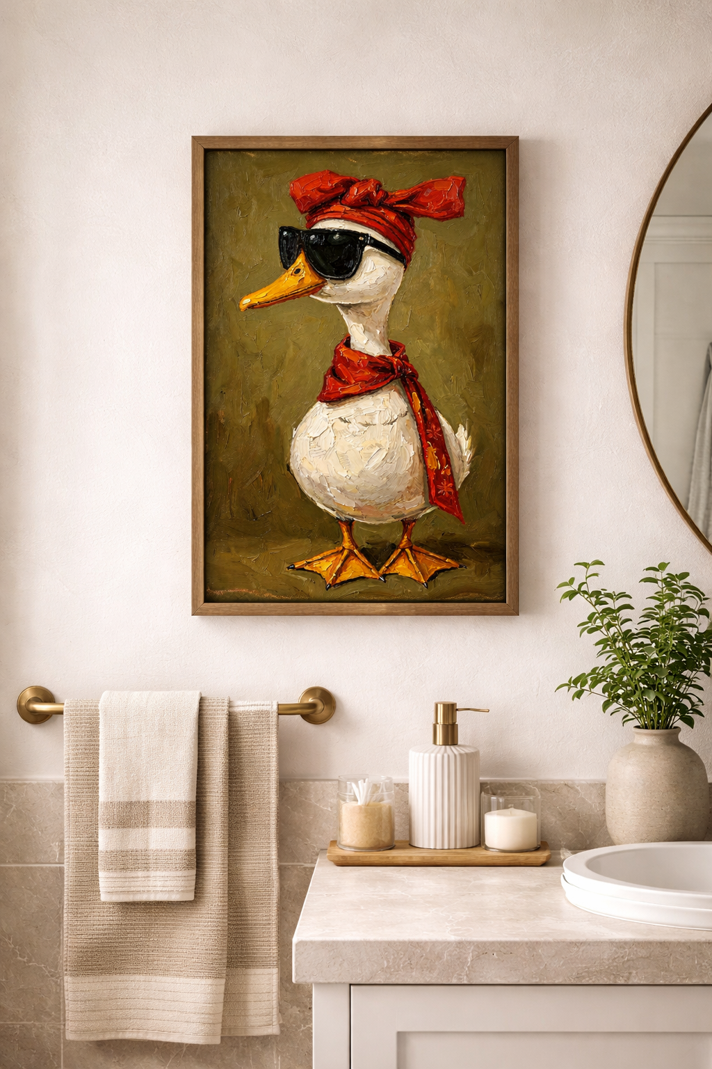 Kunstdruck mit weißer Ente, schwarzer Sonnenbrille, rotem Kopftuch und Schal in malerischer Optik auf olivgrünem Hintergrund.