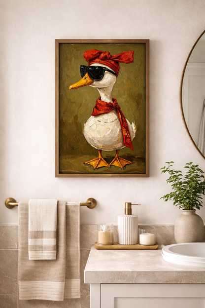 Kunstdruck mit weißer Ente, schwarzer Sonnenbrille, rotem Kopftuch und Schal in malerischer Optik auf olivgrünem Hintergrund.
