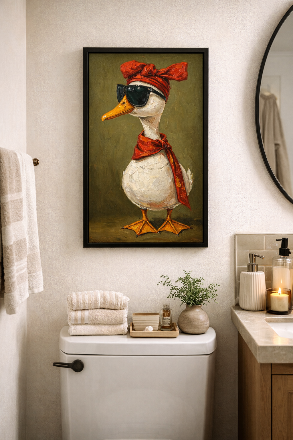 Kunstdruck mit weißer Ente, schwarzer Sonnenbrille, rotem Kopftuch und Schal in malerischer Optik auf olivgrünem Hintergrund.