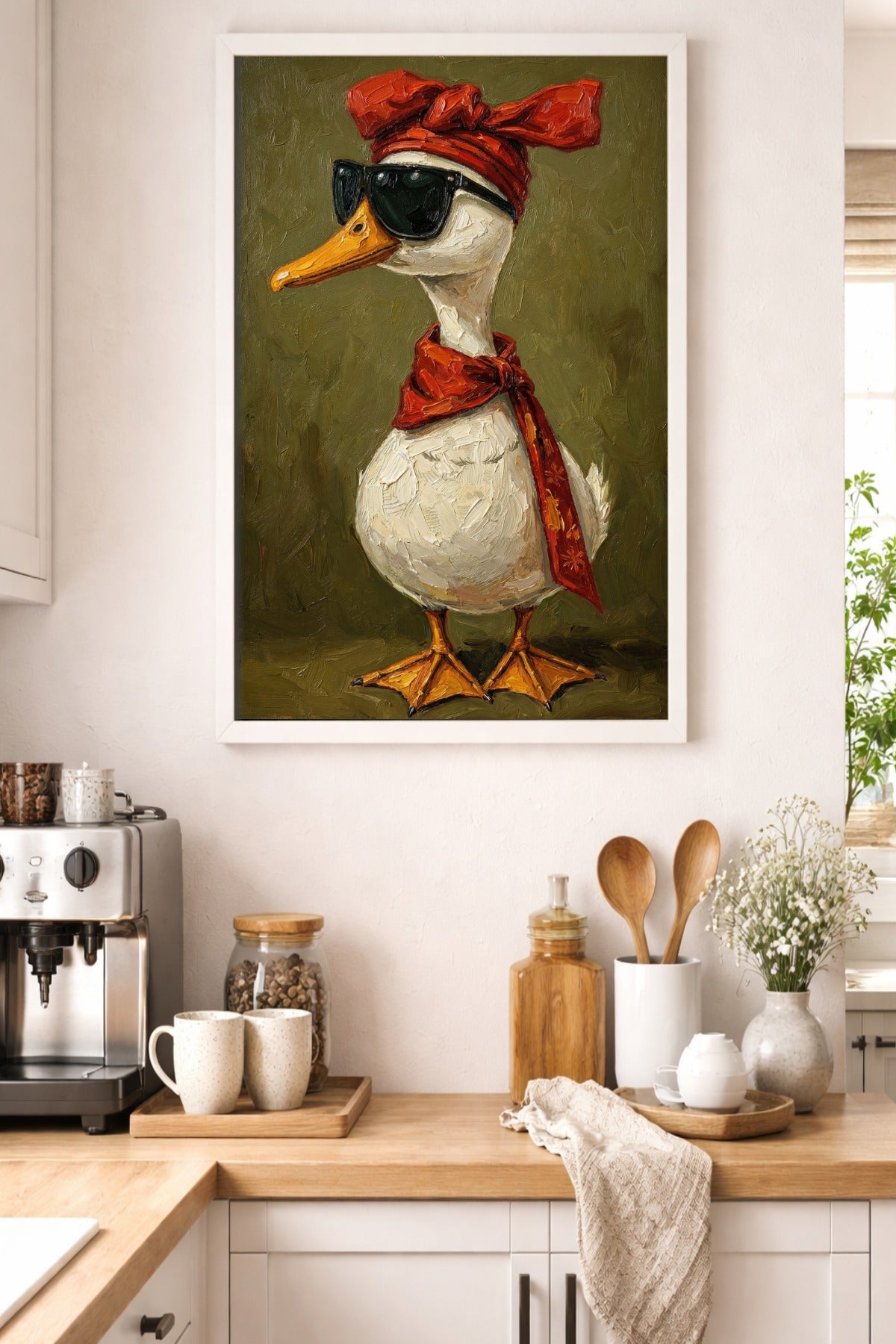 Kunstdruck mit weißer Ente, schwarzer Sonnenbrille, rotem Kopftuch und Schal in malerischer Optik auf olivgrünem Hintergrund.