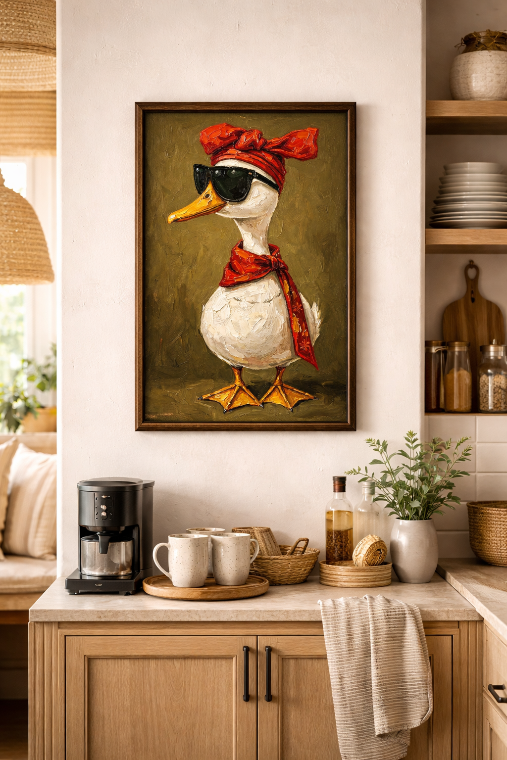 Kunstdruck mit weißer Ente, schwarzer Sonnenbrille, rotem Kopftuch und Schal in malerischer Optik auf olivgrünem Hintergrund.