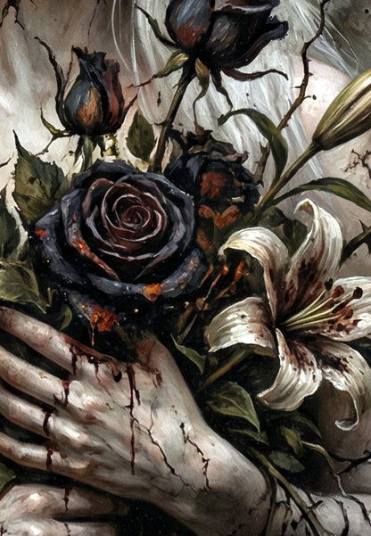 Detailsansicht. Weiße Engelsfigur mit großen Flügeln und dunklen Rosen vor einer Steinruine als Gothic Wandbild in mystischer Dark Art Optik.