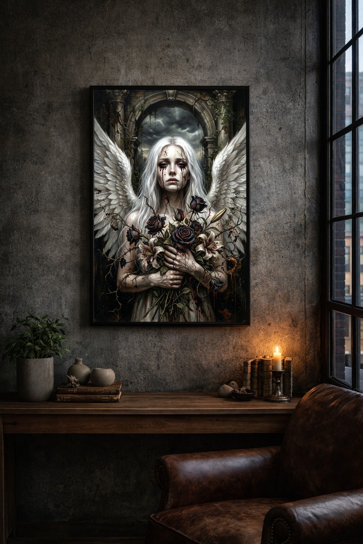 Digitales Wandbild mit Gothic-Engel, weißen Flügeln, blassem Gesicht, schwarzen Rosen und verfallener Ruinenkulisse.