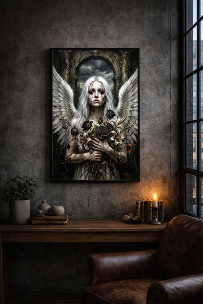Digitales Wandbild mit Gothic-Engel, weißen Flügeln, blassem Gesicht, schwarzen Rosen und verfallener Ruinenkulisse.