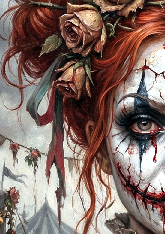 Details des Horrorclown Wandbilds mit Frau, rissigem Make-up, roten Haaren und Rosenkrone vor düsterer Zirkuskulisse.