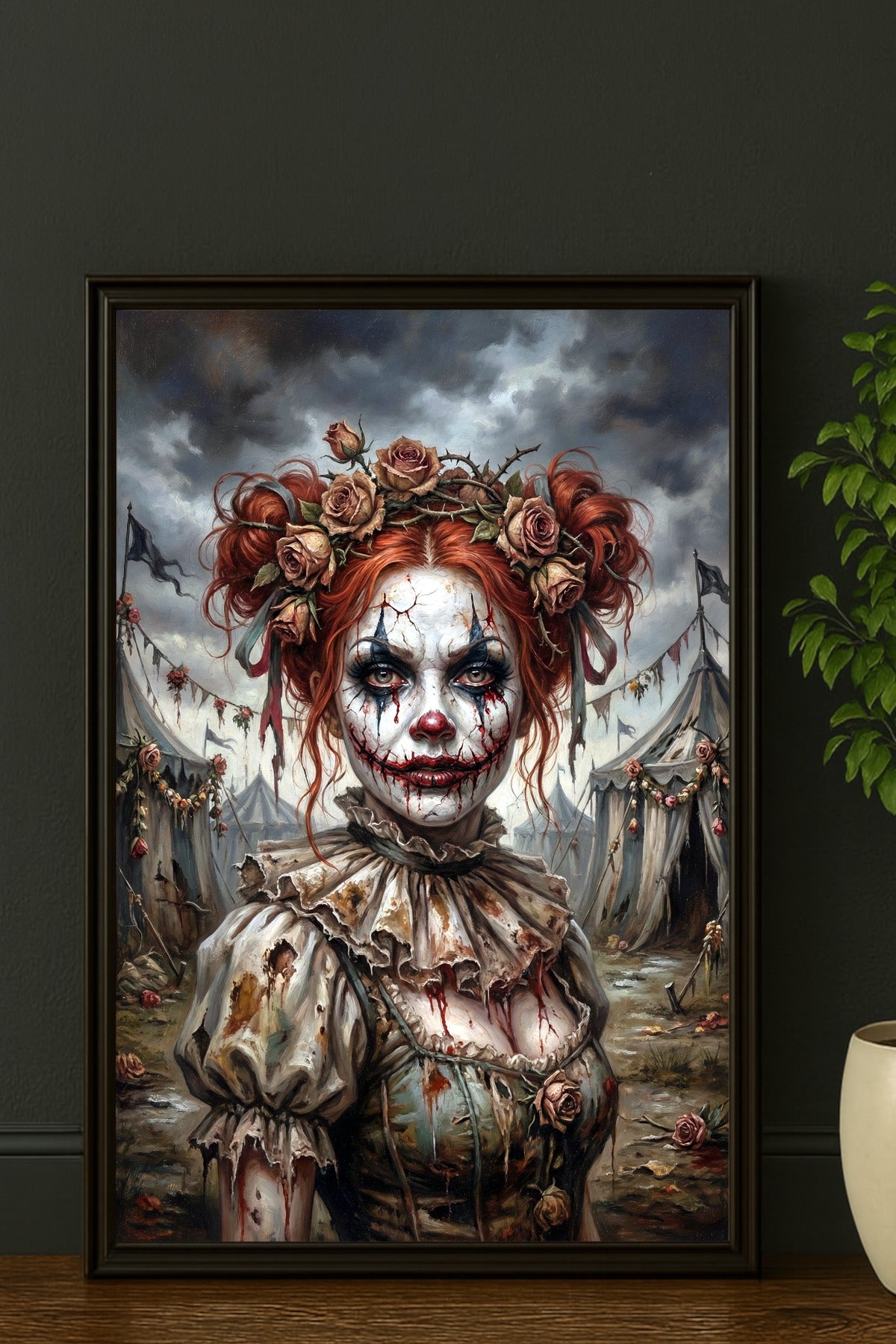 Detailliertes Horrorclown Wandbild einer Frau mit rissigem Make-up, feuerroten Haaren und einer Krone aus Rosen vor einer verlassenen Zirkuskulisse.