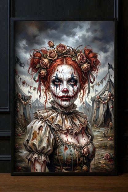 Horror Clown Poster mit rotem Haar, Rosenkranz, weißem Gesicht und düsterem Circus-Noir-Hintergrund.