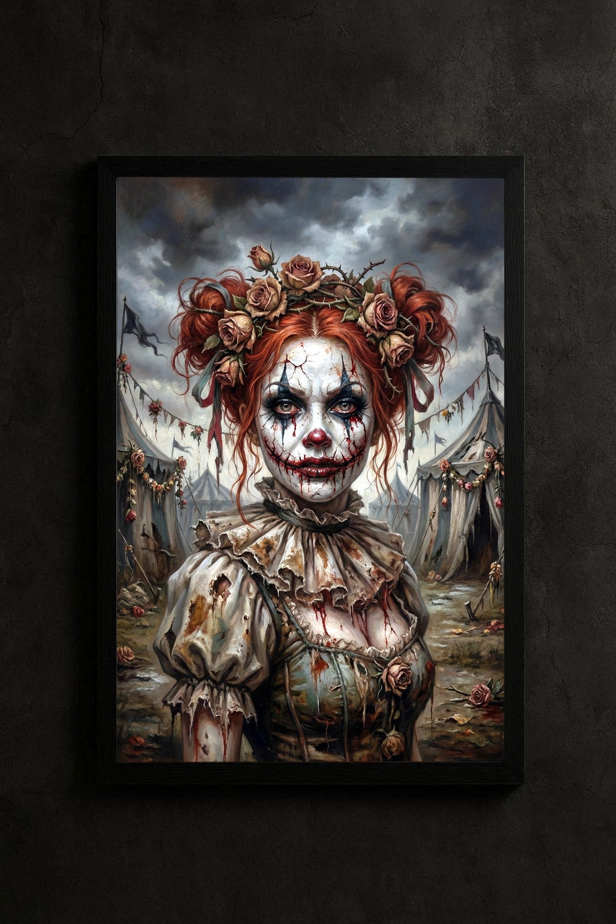 Horrorclown Wandbild mit Frau, rissigem Make-up, roten Haaren und Rosenkrone vor düsterer Zirkuskulisse. Hochformat