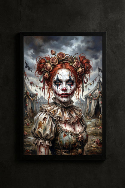 Horrorclown Wandbild mit Frau, rissigem Make-up, roten Haaren und Rosenkrone vor düsterer Zirkuskulisse. Hochformat