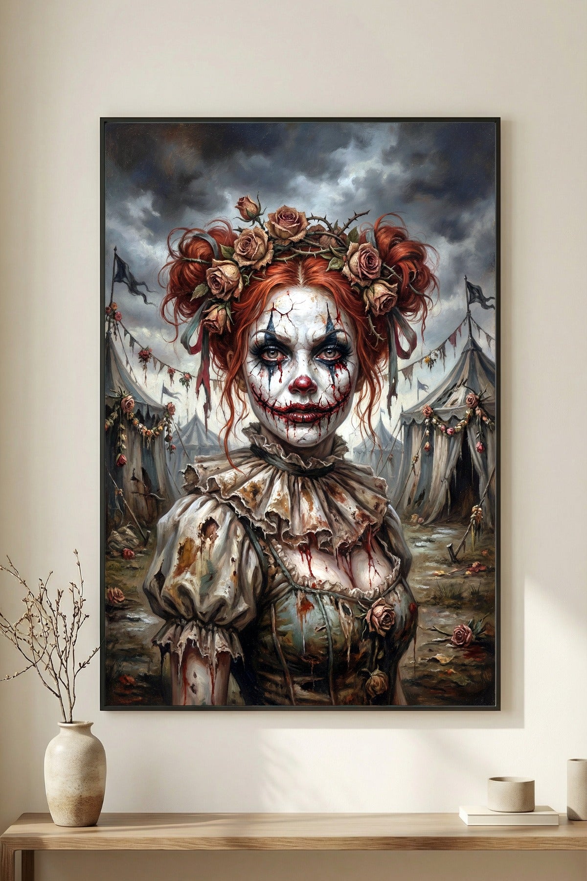 Porträt einer Horrorclown-Frau mit rissigem Gesichtsmake-up, roten Haaren und Rosen vor alten Zirkuszelten.