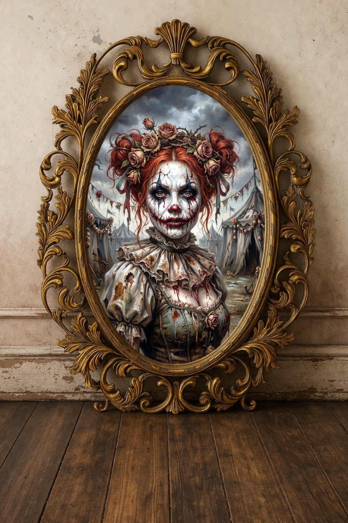 Porträt einer Horrorclown-Frau mit rissigem Gesichtsmake-up, roten Haaren und Rosen vor alten Zirkuszelten. Vertikal 3:4