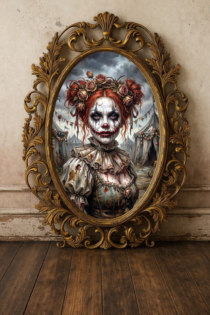 Porträt einer Horrorclown-Frau mit rissigem Gesichtsmake-up, roten Haaren und Rosen vor alten Zirkuszelten. Vertikal 3:4
