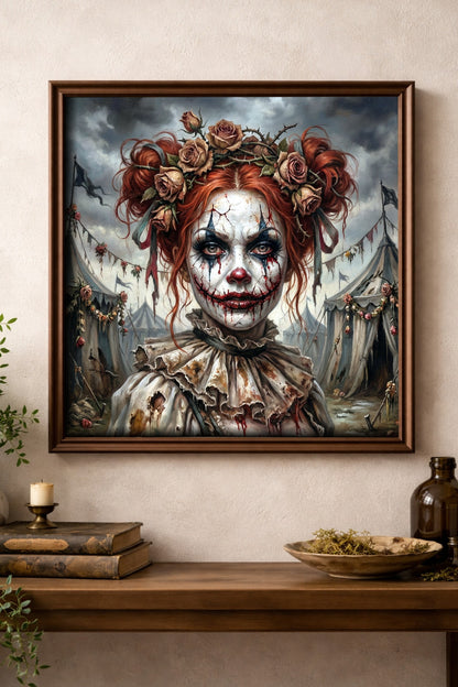 Gothic Horrorclown Wandbild mit weiblicher Figur, rotem Haar, Rosenkrone und verlassener Zirkusszene. Quadrat 1:1