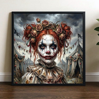 Unheimliches Clown-Porträt einer Frau mit rissigem Make-up, feuerroten Haaren und floraler Krone vor düsterem Zirkus. Quadrat