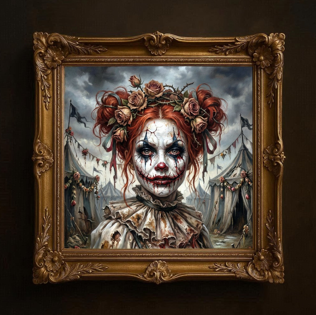 Düsteres Wandbild einer weiblichen Horrorclown-Figur mit feuerroten Haaren, Rosenkrone und verlassenem Zirkushintergrund. Quadrat 1:1