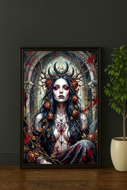 Gothic Frauenportrait mit schwarzen Haaren, roten Augen, Geweih, Rosen und Spinnweben in gotischer Ruine als digitales Wandbild im Hochformat.