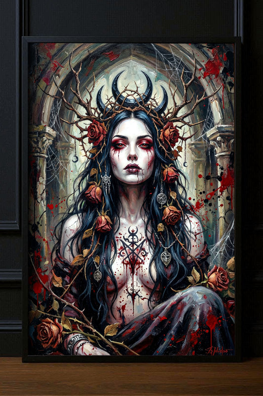 Gedrucktes Gothic Poster mit Frauenportrait, Dornenkrone, roten Rosen und Mondsymbolen in einem großen schwarzen Rahmen