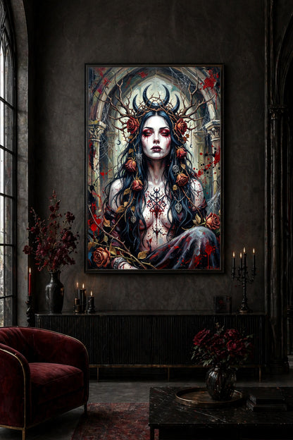 Digitales Frauenportrait im Gothic-Stil mit schwarzem Haar, rotem Blick, Geweih und Rosen vor Steinbögen und Spinnweben in einer Ruine. Hängt gerahmt in einem Loft.