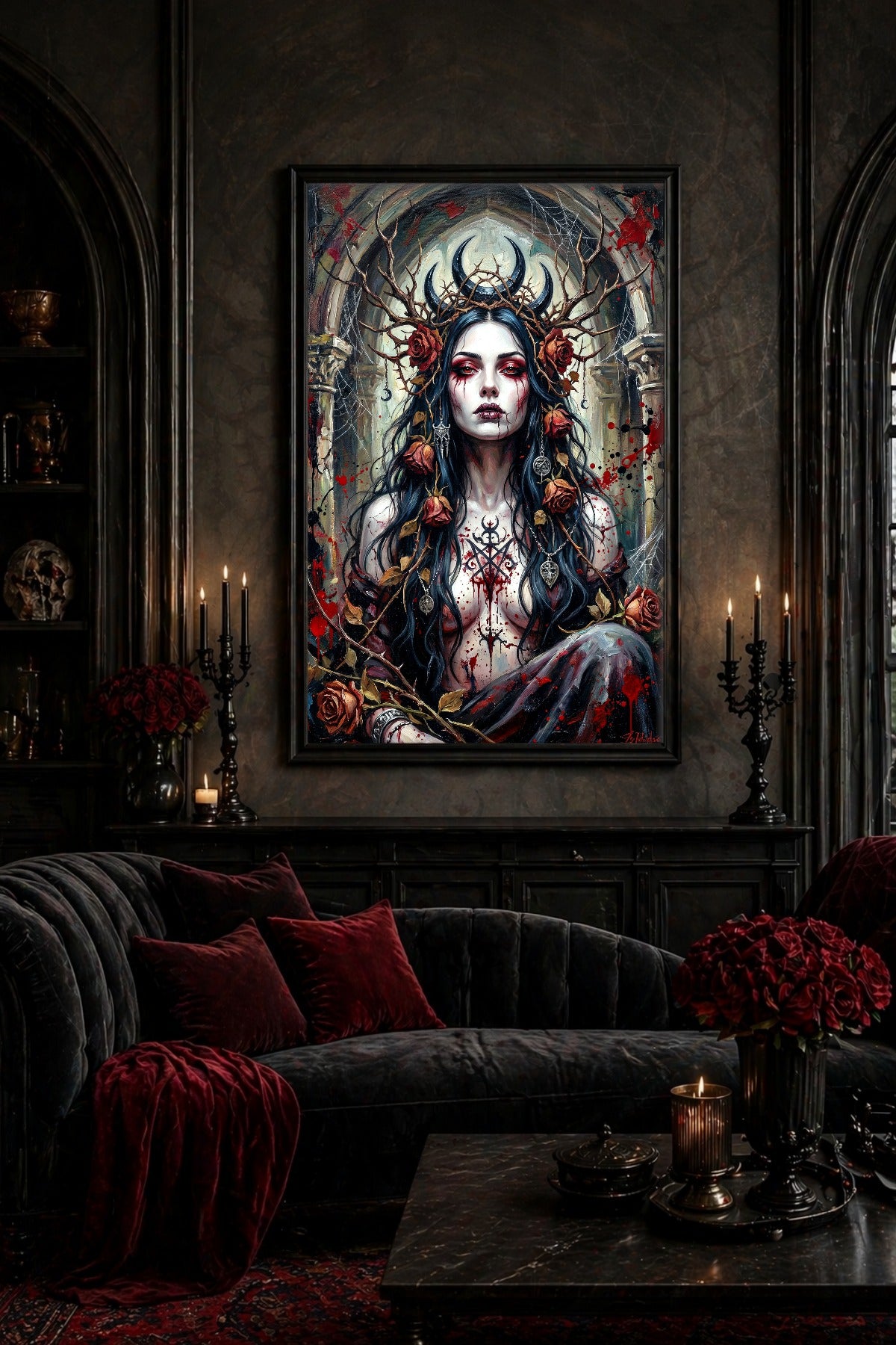 Frauenportrait im Gothic-Look mit schwarzen Haaren, roten Augen, Rosen und Geweih als digitales Wandbild vor verfallener gotischer Ruine. Hängt als Wandbild in einem Wohnzimmer