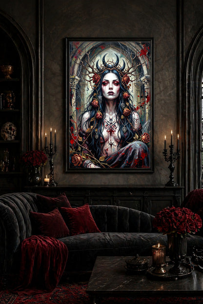 Frauenportrait im Gothic-Look mit schwarzen Haaren, roten Augen, Rosen und Geweih als digitales Wandbild vor verfallener gotischer Ruine. Hängt als Wandbild in einem Wohnzimmer