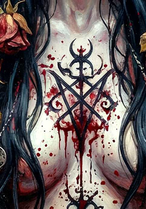 Gothic Frauenportrait als digitales Poster im Hochformat mit schwarzem Haar, roten Augen, Geweihschmuck und verwelkten Rosen vor gotischer Ruine. Detailsansicht