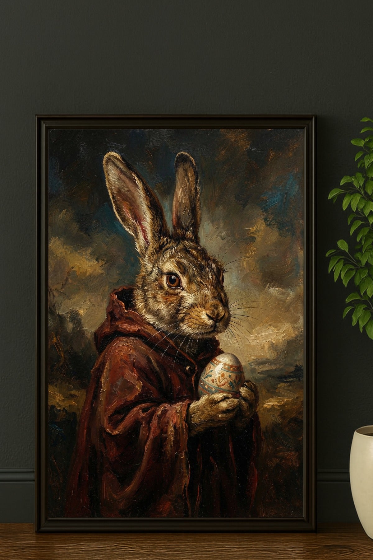 Nostalgisches Hasenportrait im Vintage-Stil: Brauner Hase im dunklen Umhang mit verziertem Ei, stimmungsvolles Stillleben in warmen Braun- und Ockertönen.