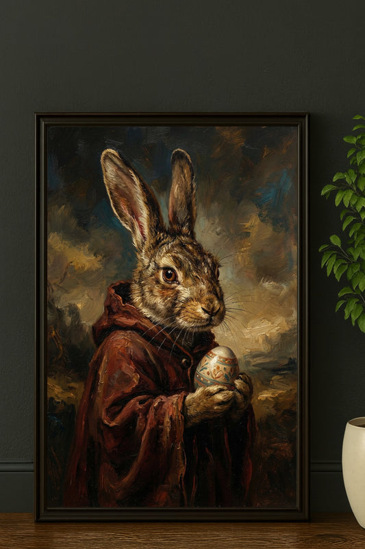 Nostalgisches Hasenportrait im Vintage-Stil: Brauner Hase im dunklen Umhang mit verziertem Ei, stimmungsvolles Stillleben in warmen Braun- und Ockertönen.