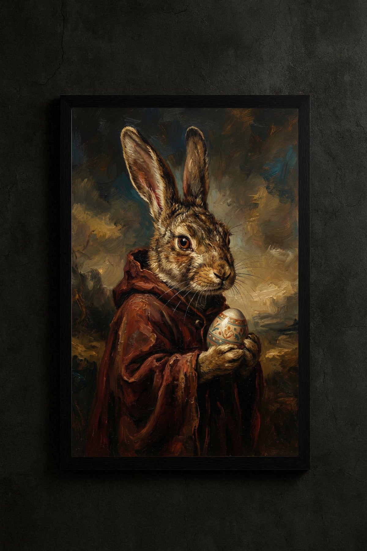 Nostalgisches Hasenportrait im Vintage-Stil: Brauner Hase im dunklen Umhang mit verziertem Ei, stimmungsvolles Stillleben in warmen Braun- und Ockertönen.