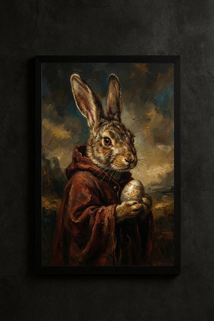 Nostalgisches Hasenportrait im Vintage-Stil: Brauner Hase im dunklen Umhang mit verziertem Ei, stimmungsvolles Stillleben in warmen Braun- und Ockertönen.