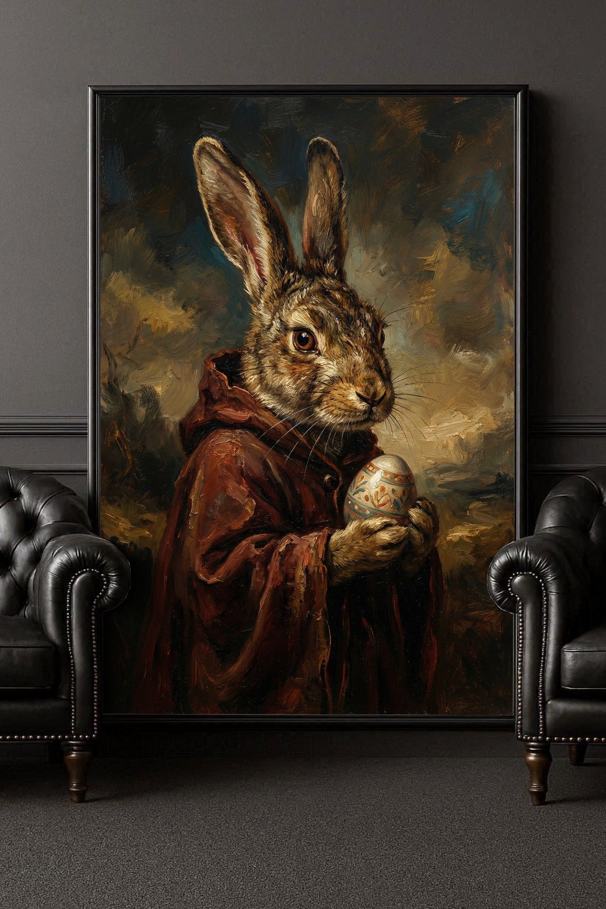 Nostalgisches Hasenportrait im Vintage-Stil: Brauner Hase im dunklen Umhang mit verziertem Ei, stimmungsvolles Stillleben in warmen Braun- und Ockertönen.