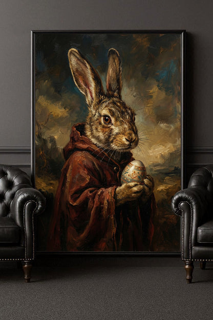 Nostalgisches Hasenportrait im Vintage-Stil: Brauner Hase im dunklen Umhang mit verziertem Ei, stimmungsvolles Stillleben in warmen Braun- und Ockertönen.
