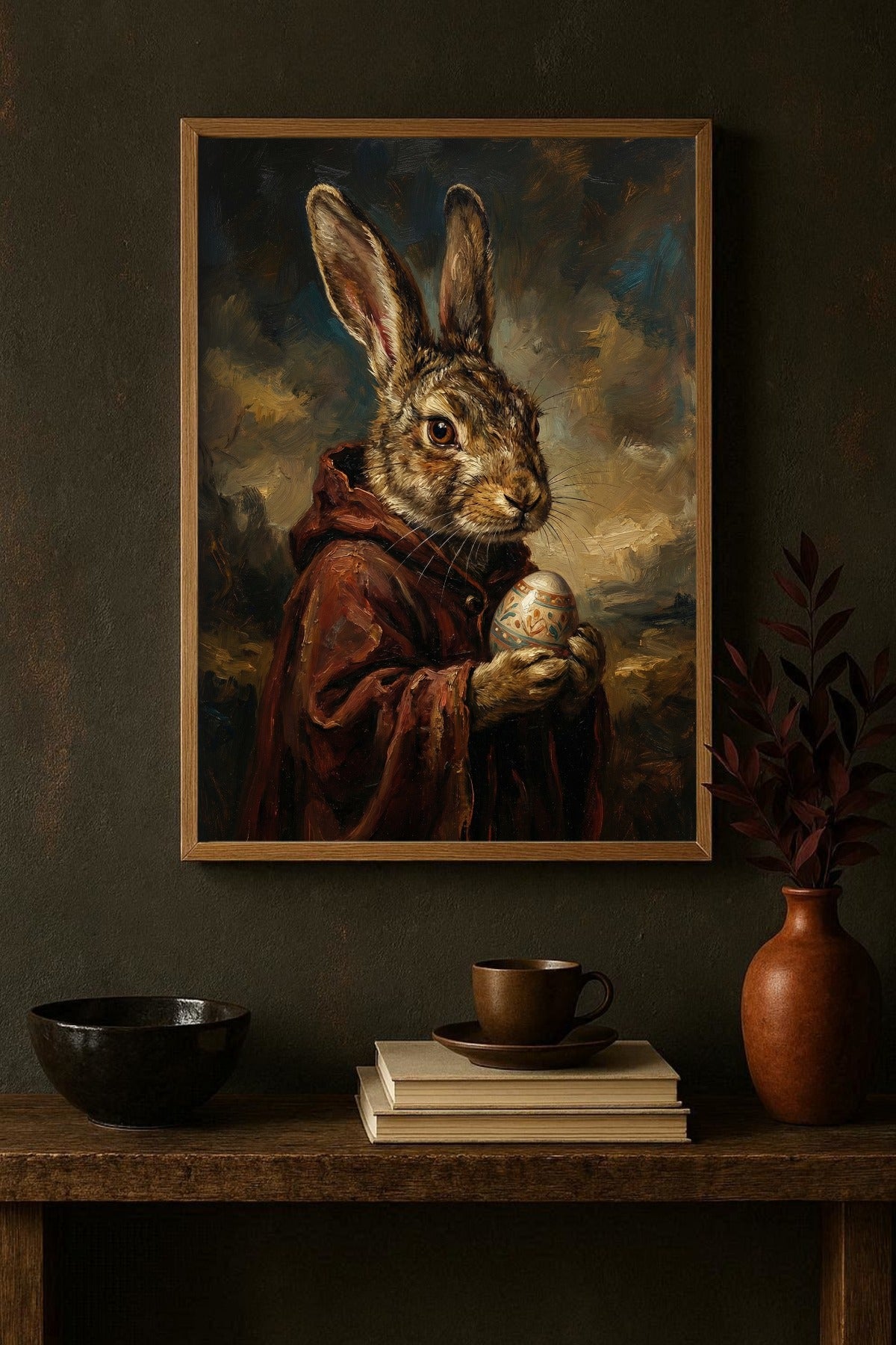 Nostalgisches Hasenportrait im Vintage-Stil: Brauner Hase im dunklen Umhang mit verziertem Ei, stimmungsvolles Stillleben in warmen Braun- und Ockertönen.