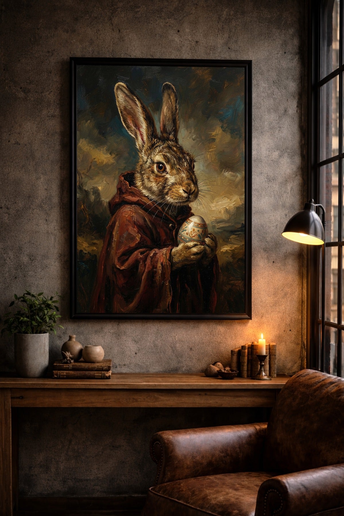 Nostalgisches Hasenportrait im Vintage-Stil: Brauner Hase im dunklen Umhang mit verziertem Ei, stimmungsvolles Stillleben in warmen Braun- und Ockertönen.