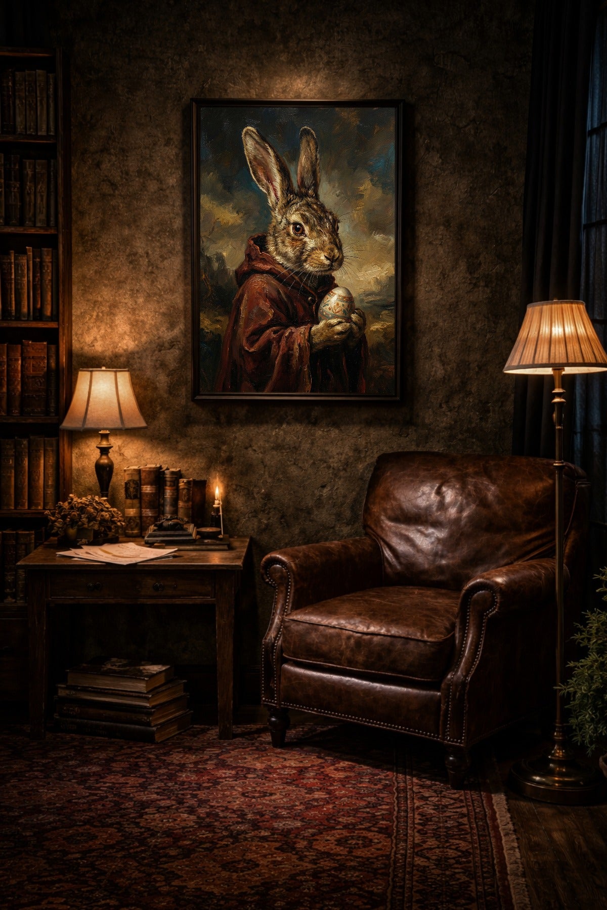 Nostalgisches Hasenportrait im Vintage-Stil: Brauner Hase im dunklen Umhang mit verziertem Ei, stimmungsvolles Stillleben in warmen Braun- und Ockertönen.