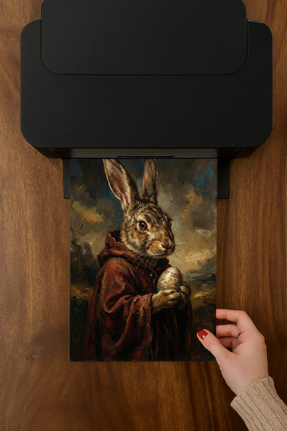 Nostalgisches Hasenportrait im Vintage-Stil: Brauner Hase im dunklen Umhang mit verziertem Ei, stimmungsvolles Stillleben in warmen Braun- und Ockertönen.